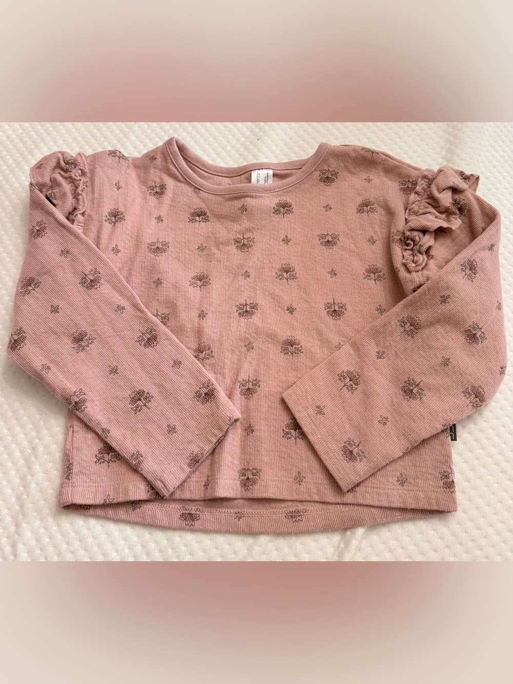 Dusty Rose Long-Sleeve Ruffle Shoulder Tee